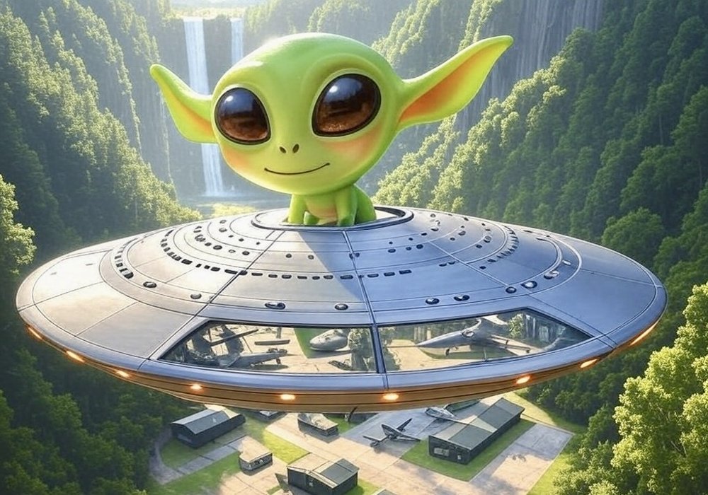 Alien child piloting a spaceship above a hidden military base and waterfalls