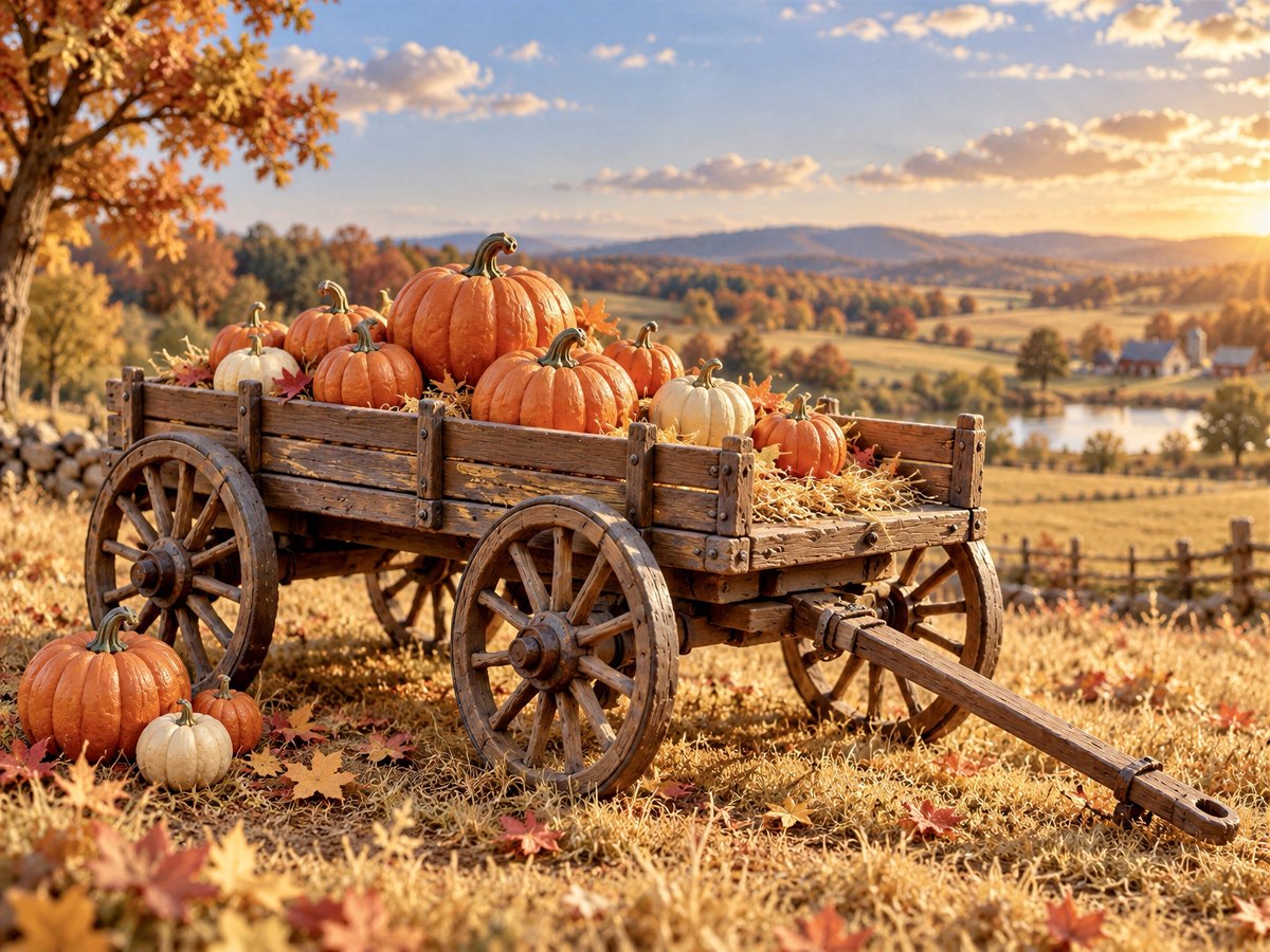 Rustic wooden harvest wagon filled with orange and white pumpkins in autumn countryside at golden hour