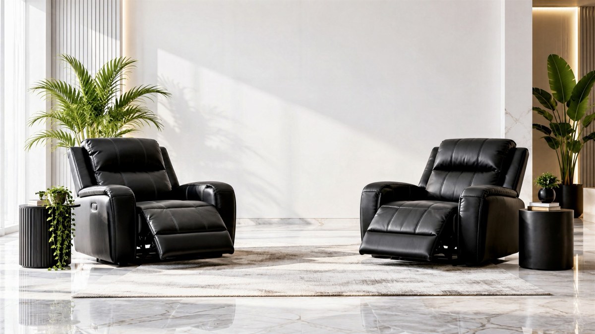 Two luxury black recliner chairs in a bright white modern interior with plants and copy space