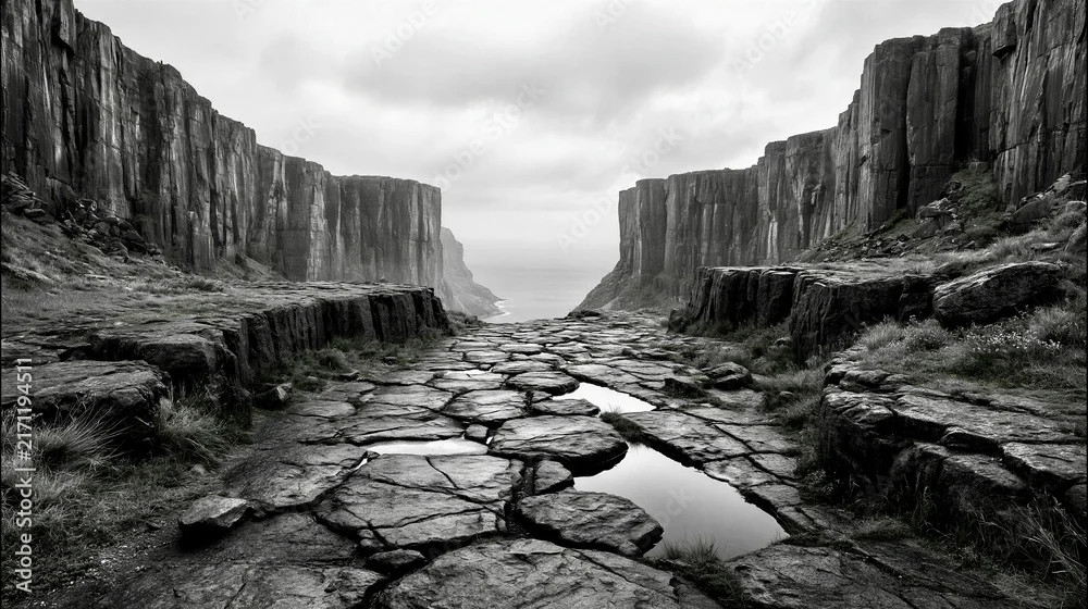 Black and white rocky canyon path leading toward a misty ocean