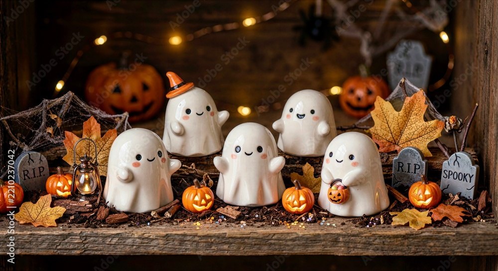 Cute white ceramic ghosts with Halloween pumpkins, autumn leaves, and warm lights