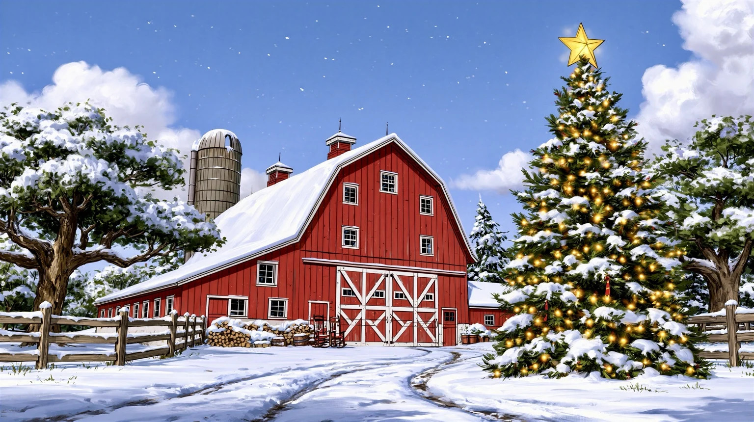 Red barn and decorated Christmas tree in a snowy farm landscape