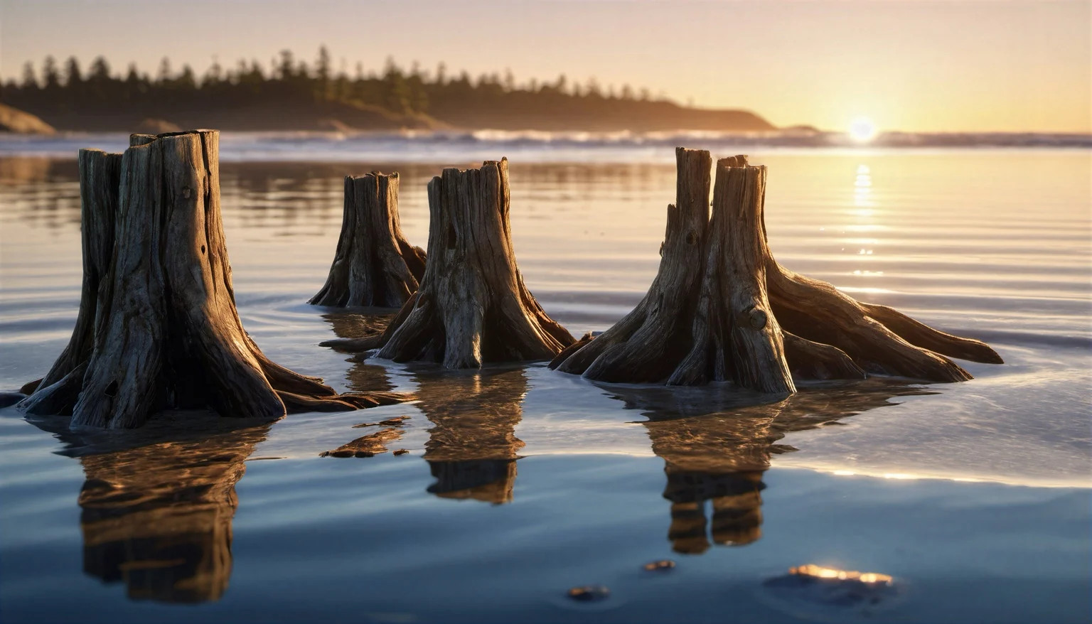Weathered tree stumps reflected in shallow coastal water at sunset