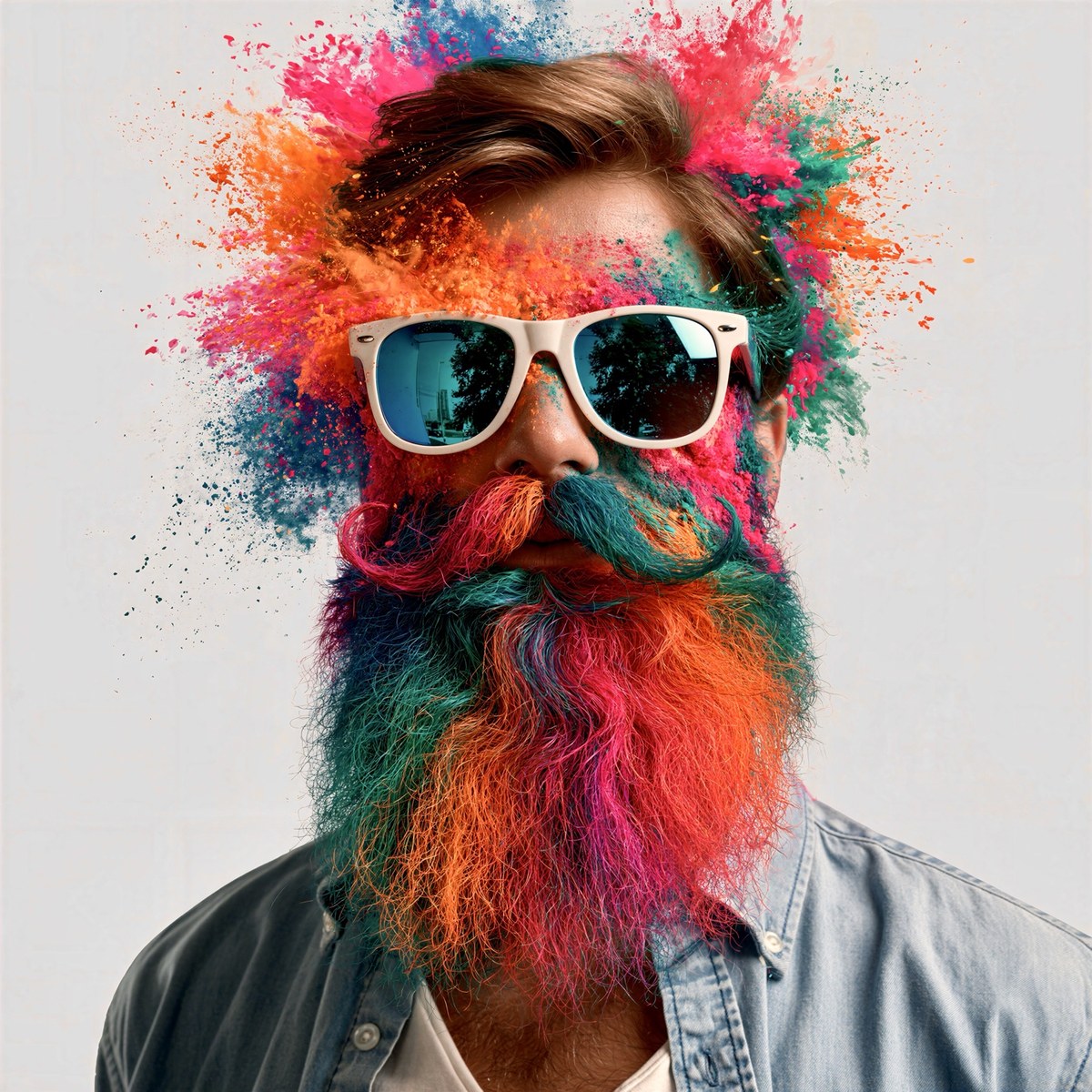 Bearded man wearing white sunglasses surrounded by pink, orange, and turquoise color powder