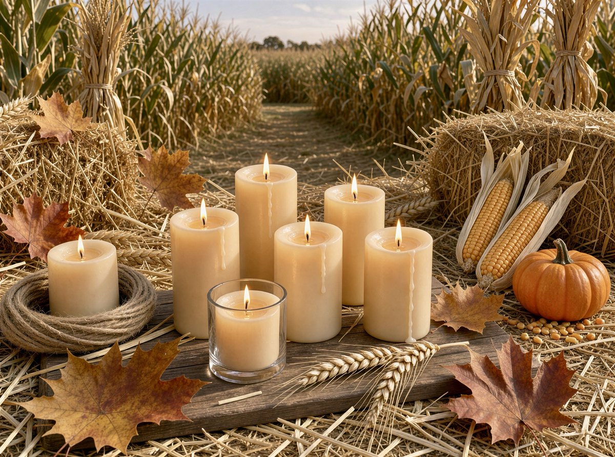 Glowing ivory candles with autumn leaves, corn, straw bales, and a pumpkin beside a cornfield