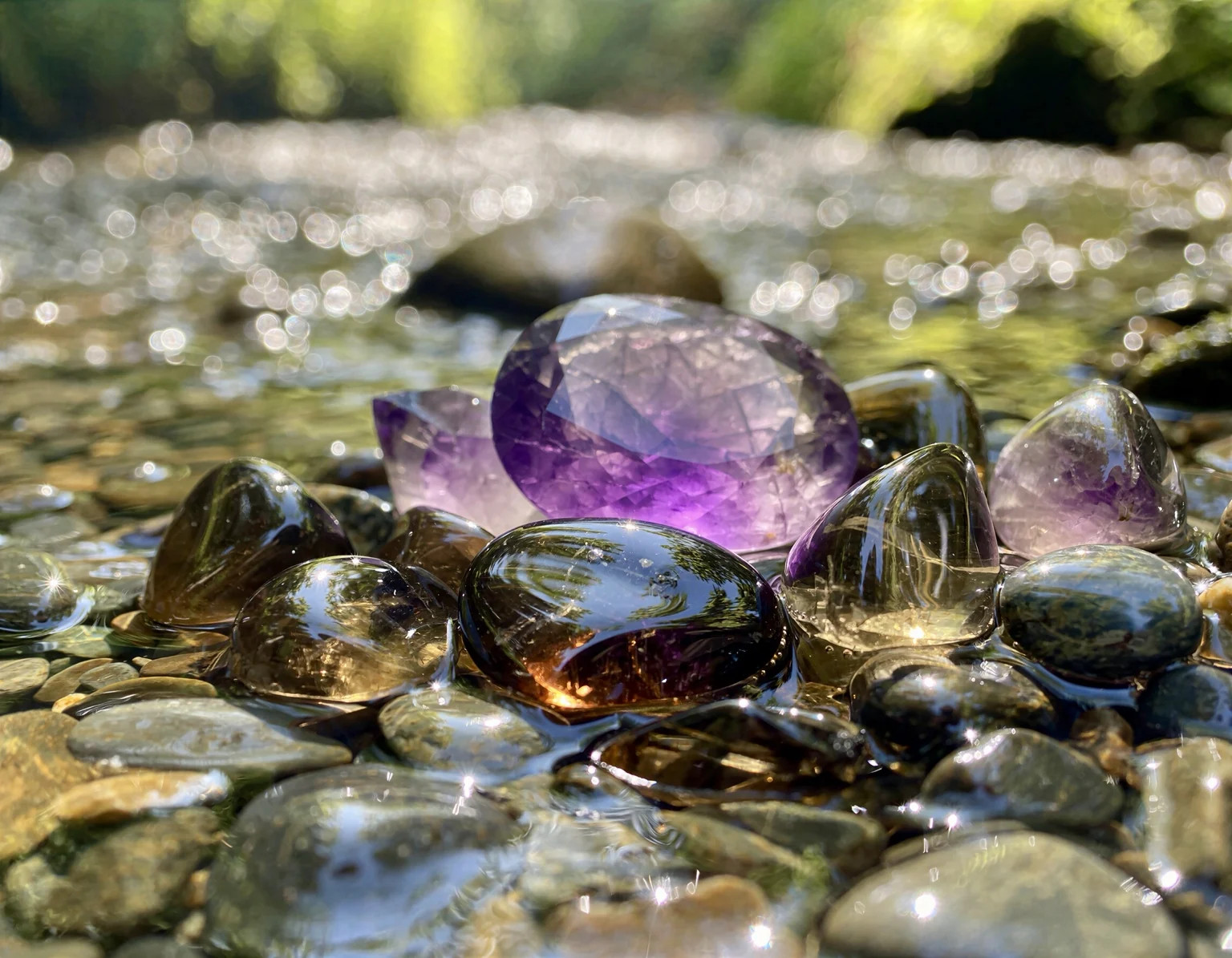 Amethyst and smoky quartz polished stones in a shallow sunlit creek