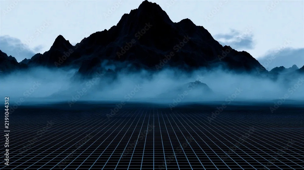 Dark mountain landscape with blue fog above a digital grid floor