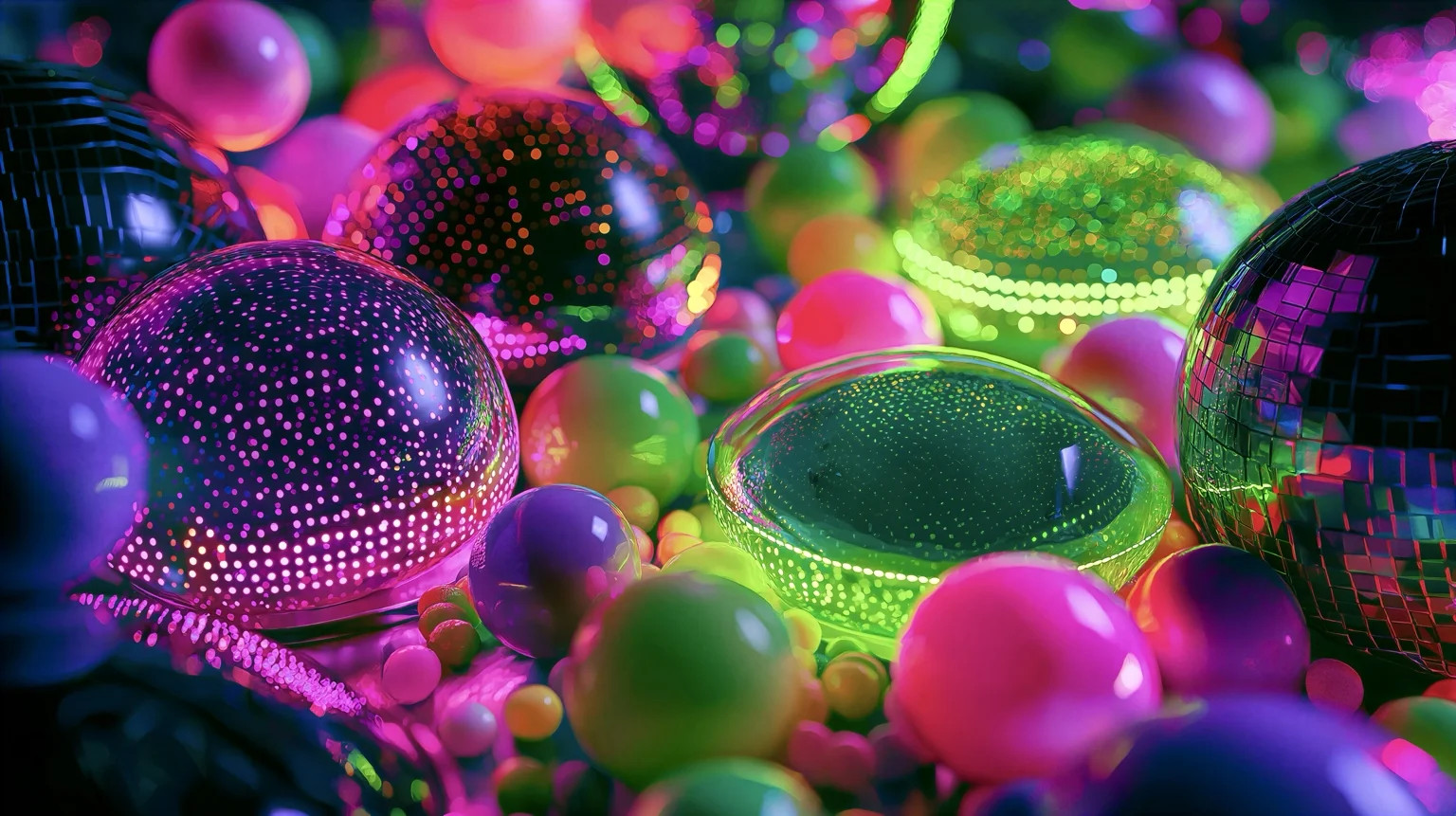 Reflective disco balls and neon spheres in a colorful futuristic scene