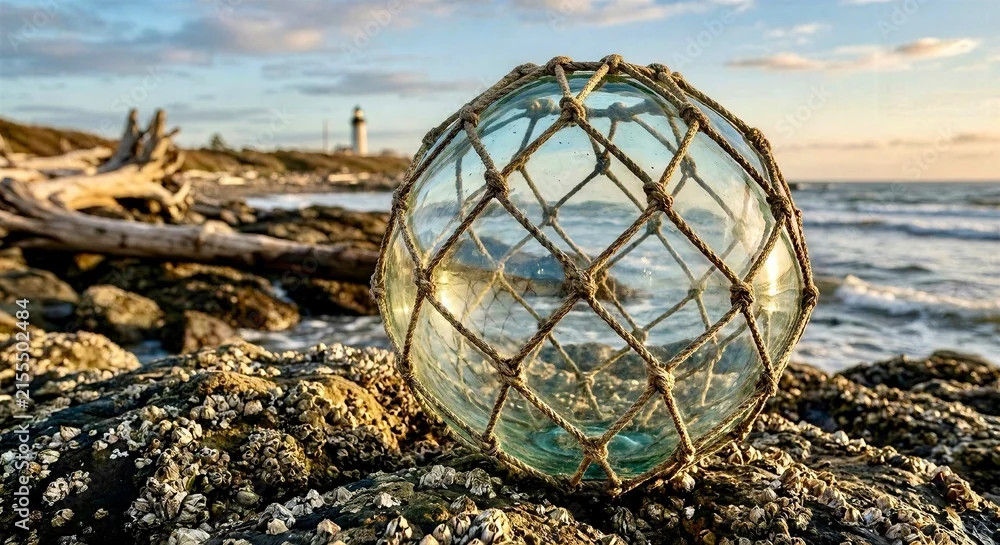 Vintage glass fishing float on a rocky coast at golden hour with lighthouse beyond