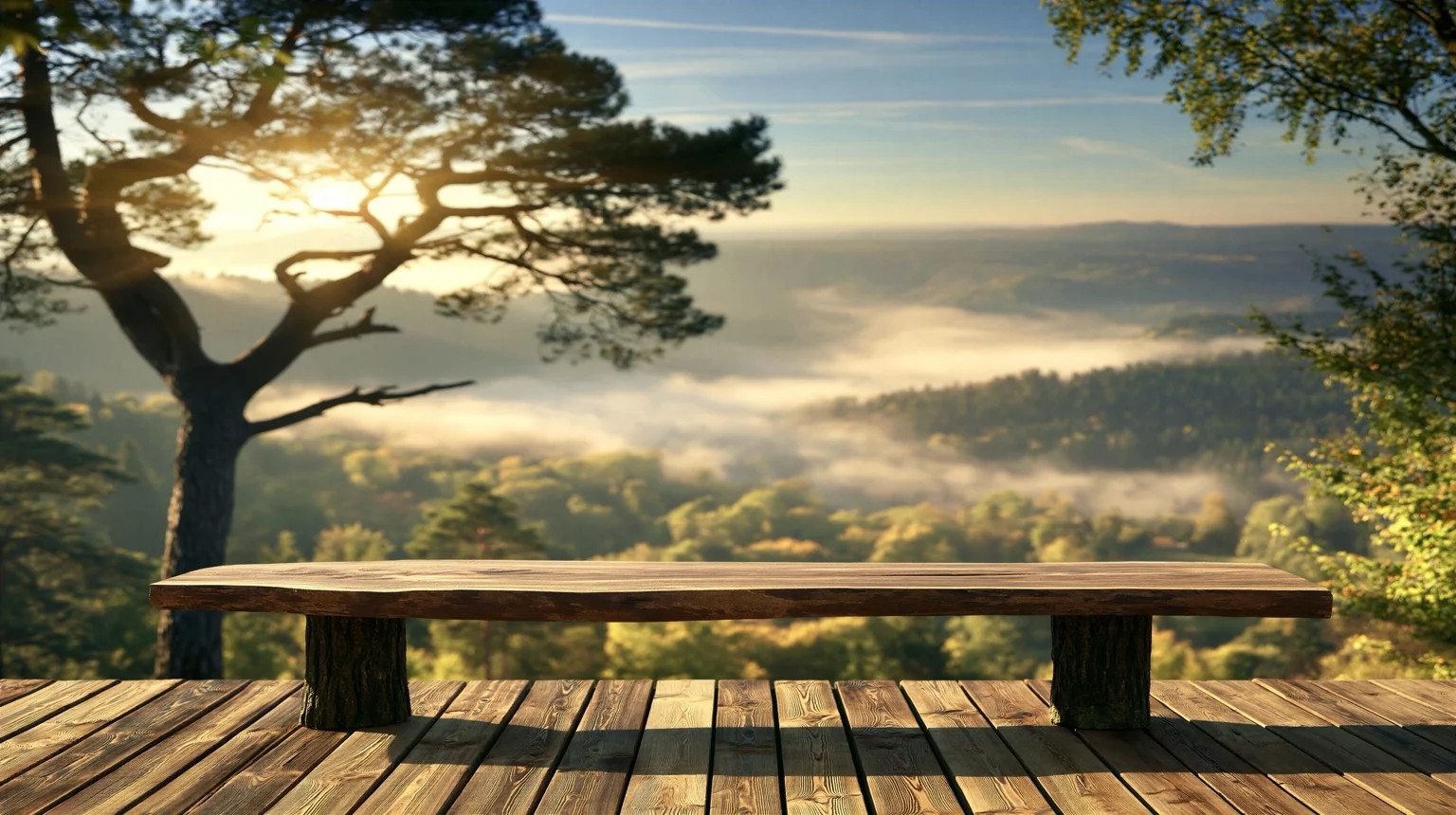 Rustic wooden bench on a deck overlooking a misty forest valley at sunrise