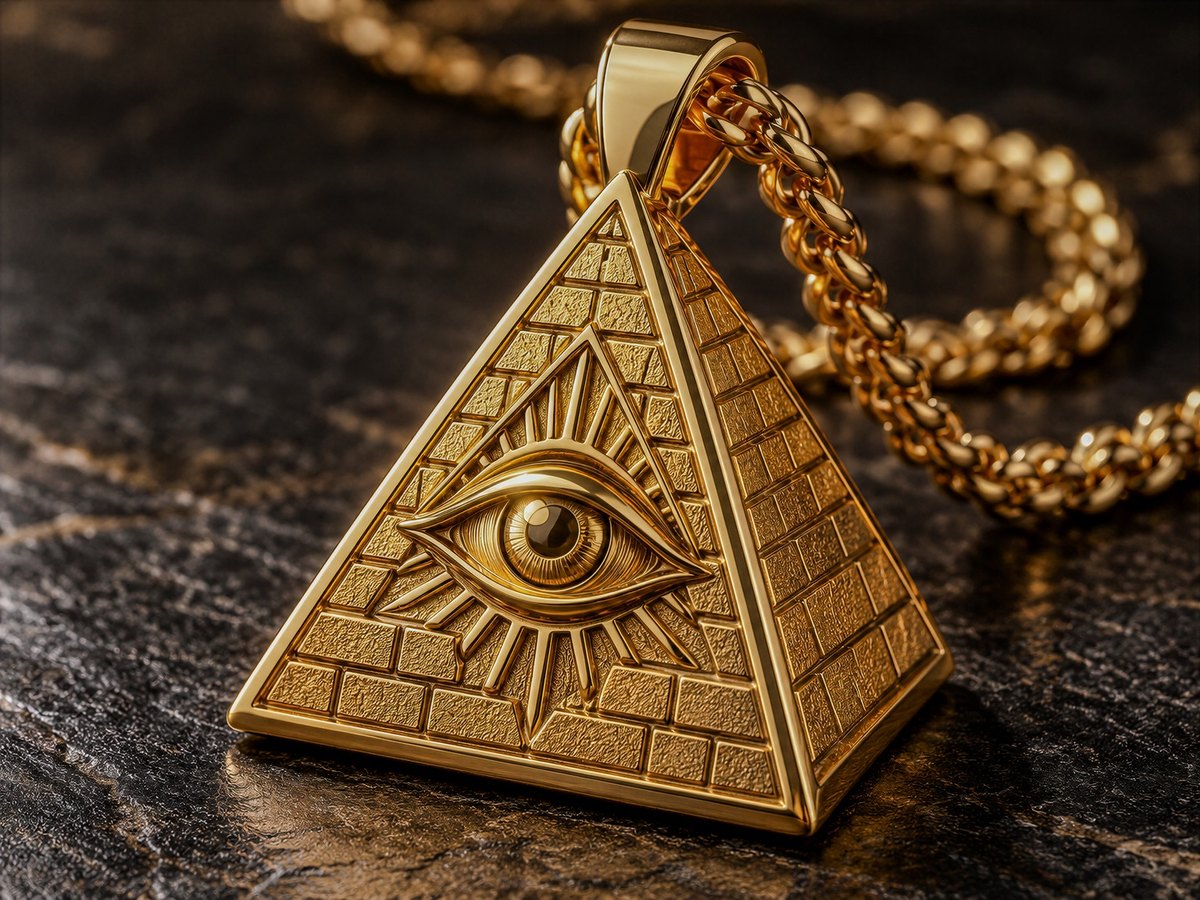 Gold pyramid pendant with an all-seeing eye and a luxury chain on dark stone