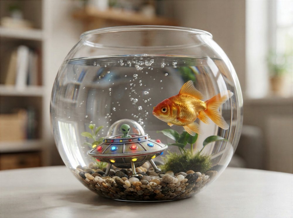 Goldfish and a tiny UFO with an alien inside a fishbowl