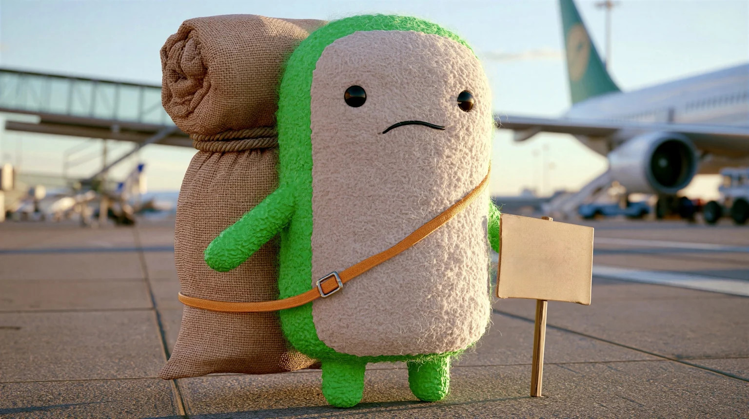Cute green backpacker character with rolled luggage and a blank sign at an airport