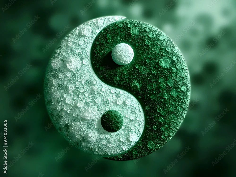 Yin-yang symbol on a vibrant green textured background
