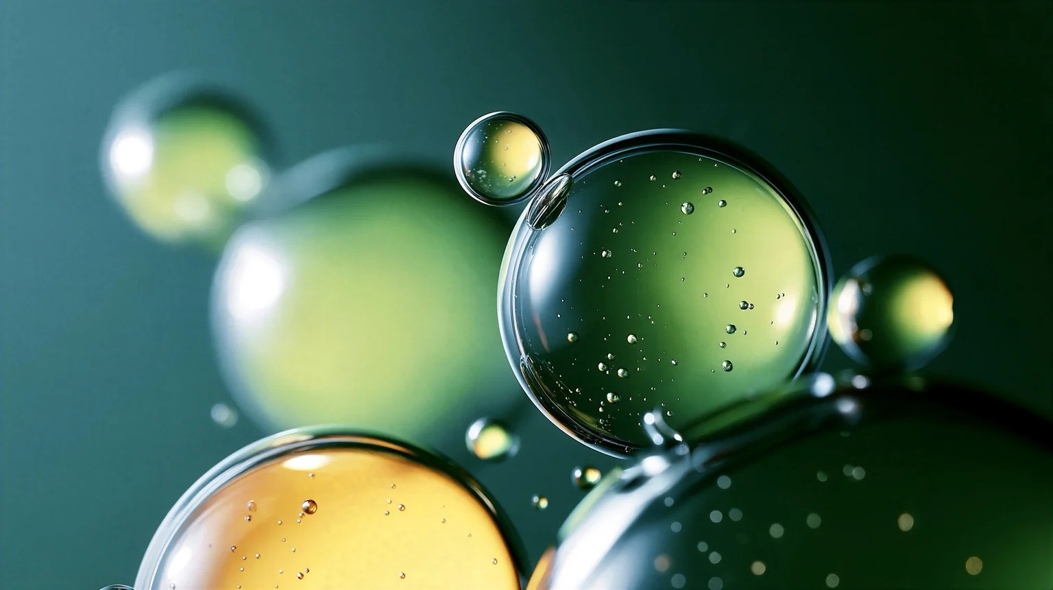 Abstract macro view of green and gold oil bubbles
