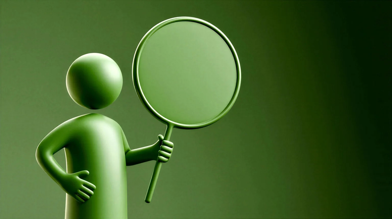 Minimalist green faceless figure holding a blank circular sign against a green background