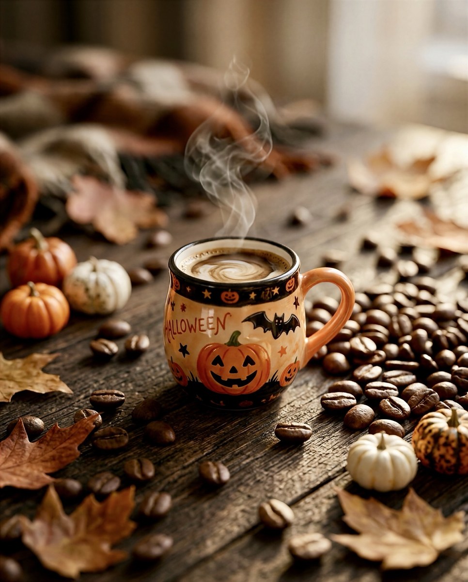 Steaming coffee in a Halloween mug with pumpkins, bats, roasted coffee beans, and autumn leaves