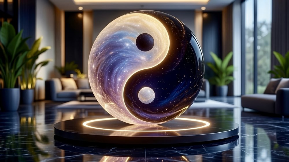 Illuminated yin-yang sculpture in a modern living room with greenery