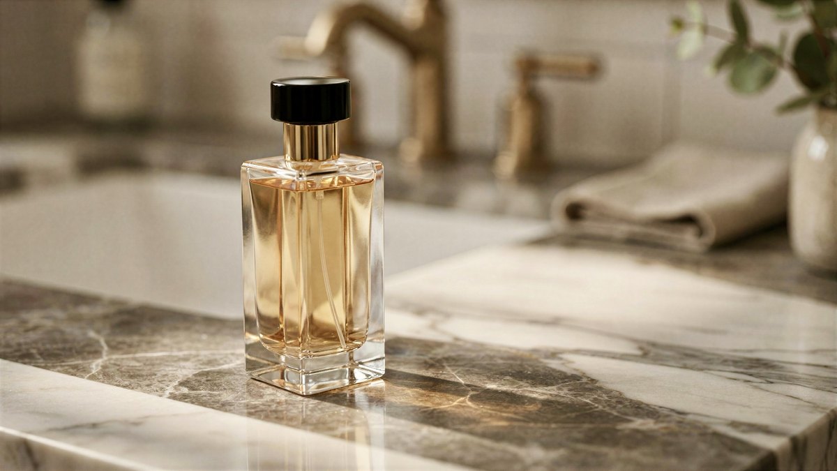 Clear luxury cologne bottle with a black cap on an elegant marble bathroom countertop