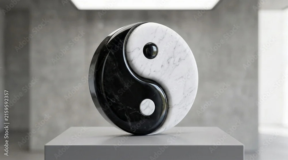 Black and white marble yin-yang sculpture in a minimalist gallery