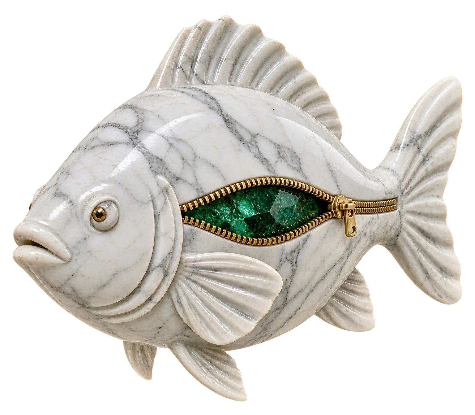 White marble fish with a gold zipper revealing green gems