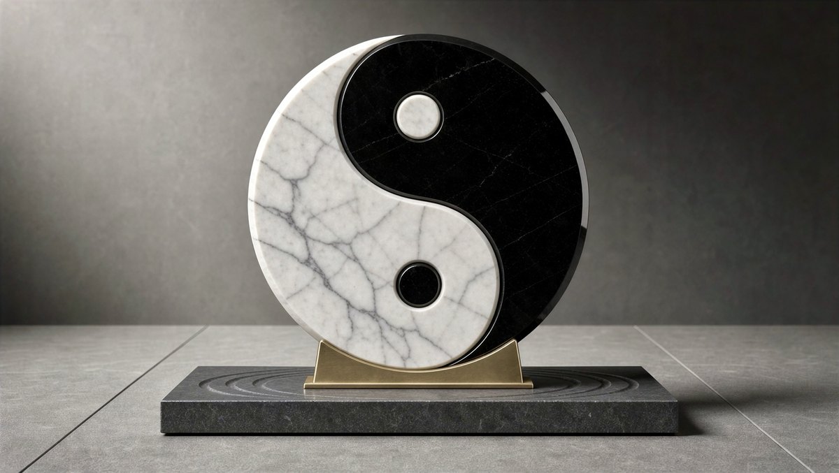 Black and white marble yin-yang sculpture on a gold stand and dark stone base