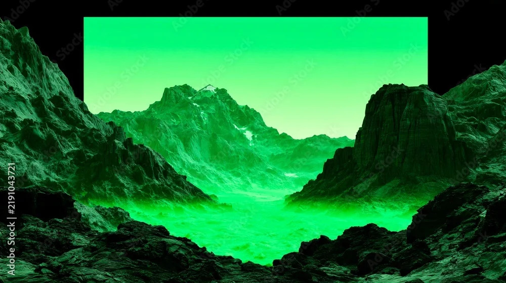 Bright neon green mountain valley inside a black geometric frame