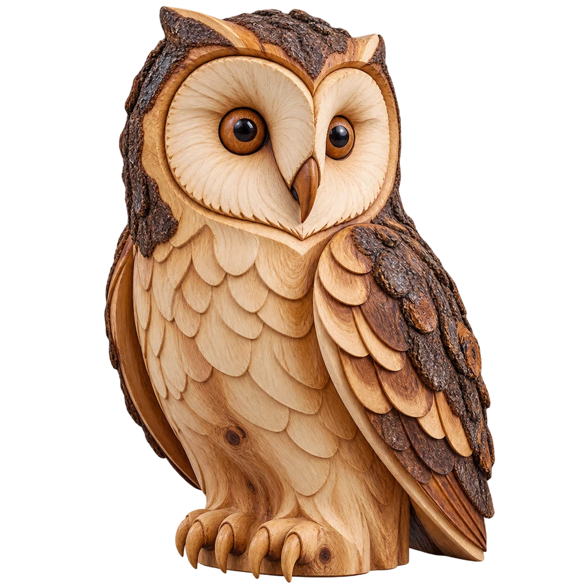 Cedar owl sculpture with intricate carved wooden feathers