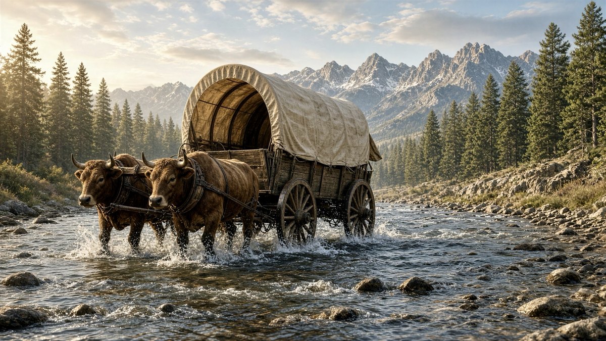 Oxen pulling a covered wagon through a rocky mountain stream surrounded by pine trees and peaks