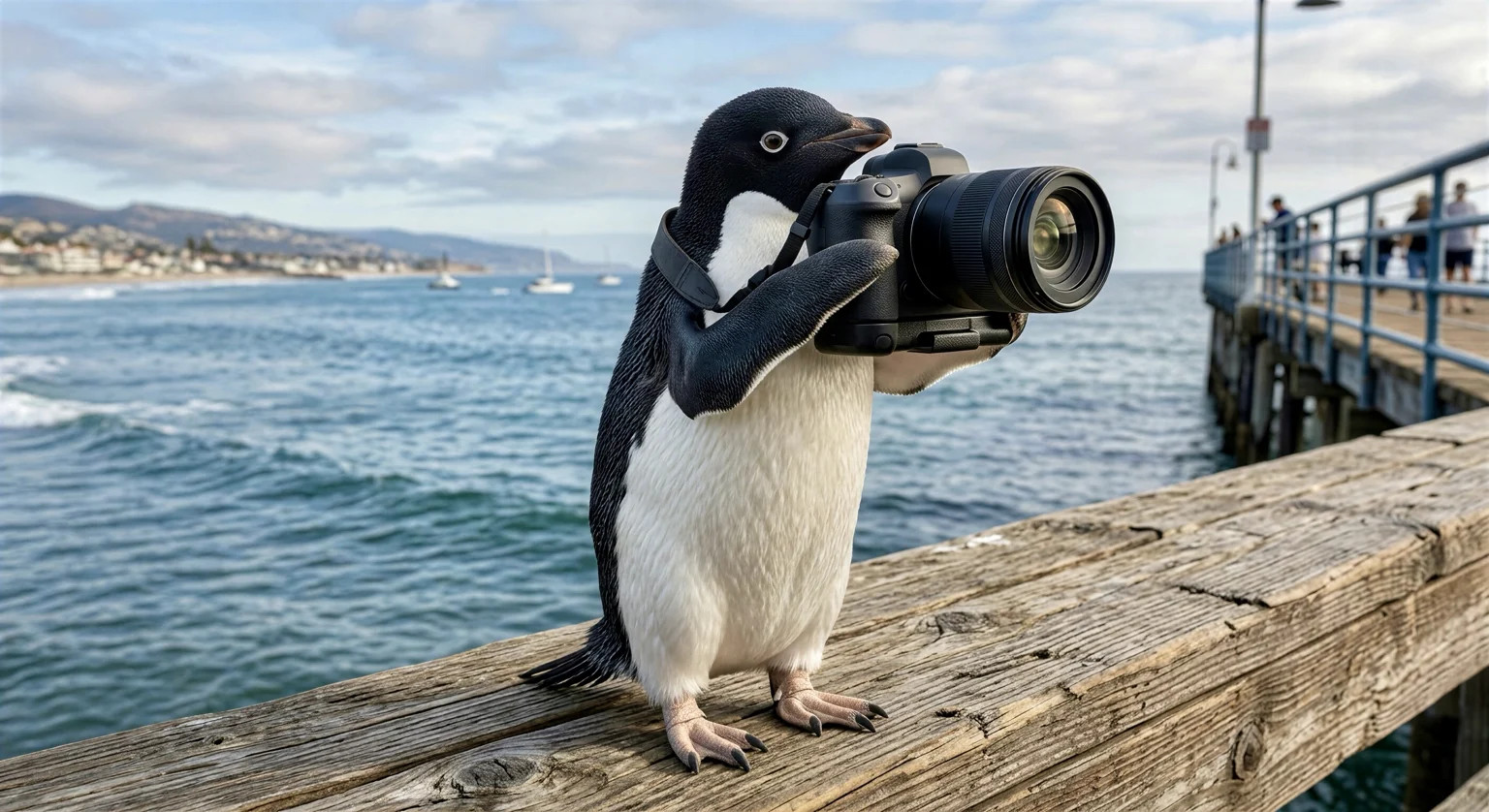 Penguin holding a DSLR camera on a wooden ocean pier