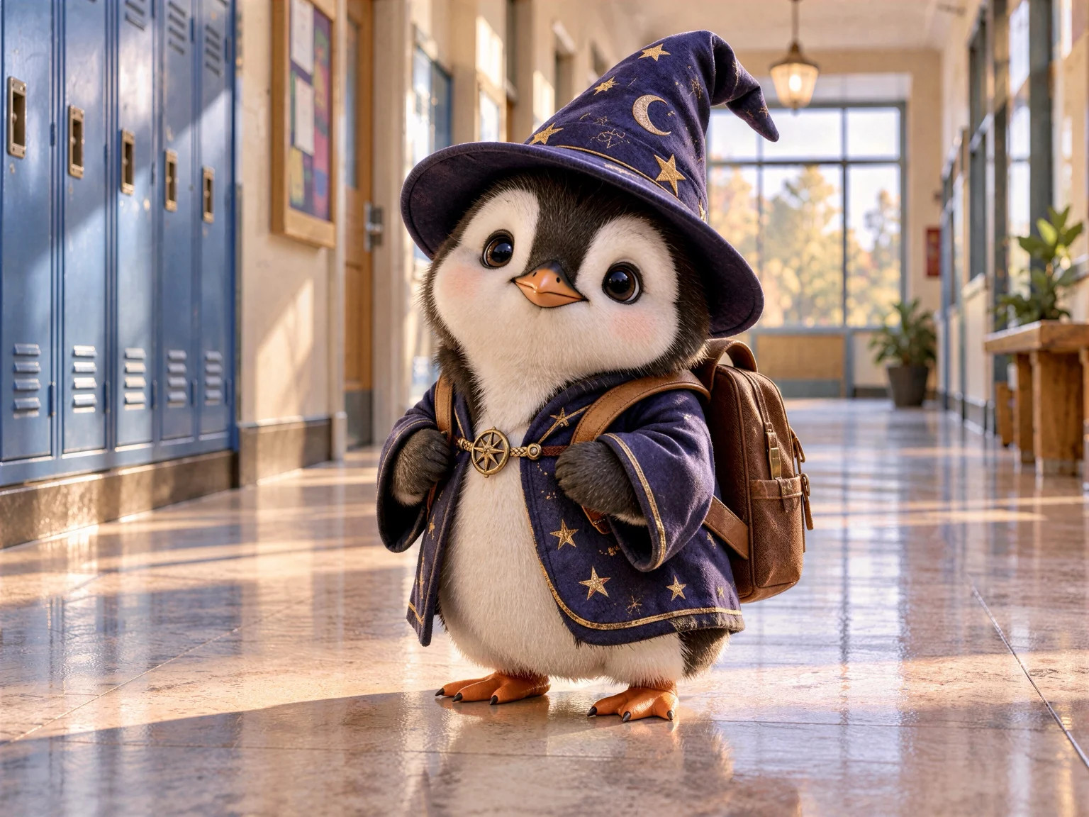 Cute penguin wizard wearing a purple hat and cloak with a backpack in a school hallway