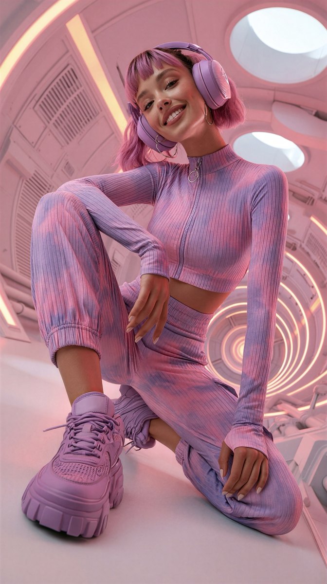 Smiling woman with pink hair and headphones wearing a pink outfit in a futuristic tunnel