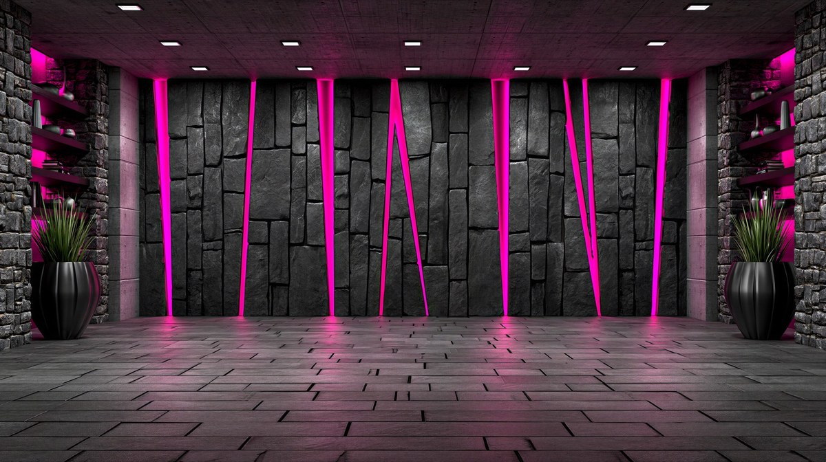 Empty modern room with dark stone walls, vivid pink lighting, and plants in black pots