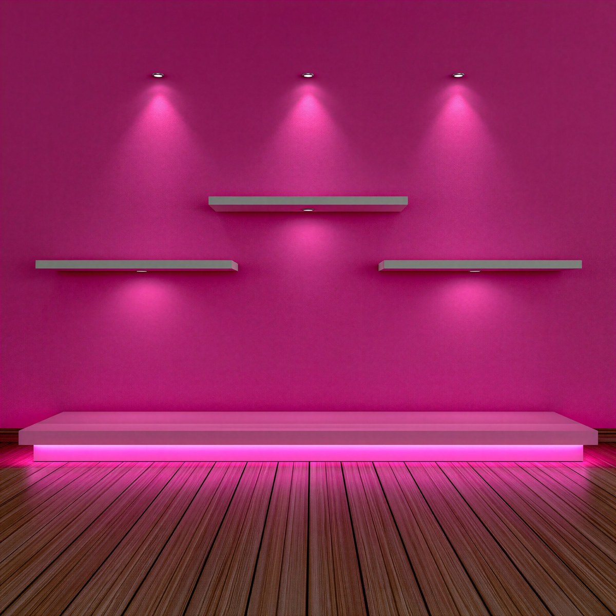Bright pink wall with three floating shelves, spotlights, and an illuminated display platform