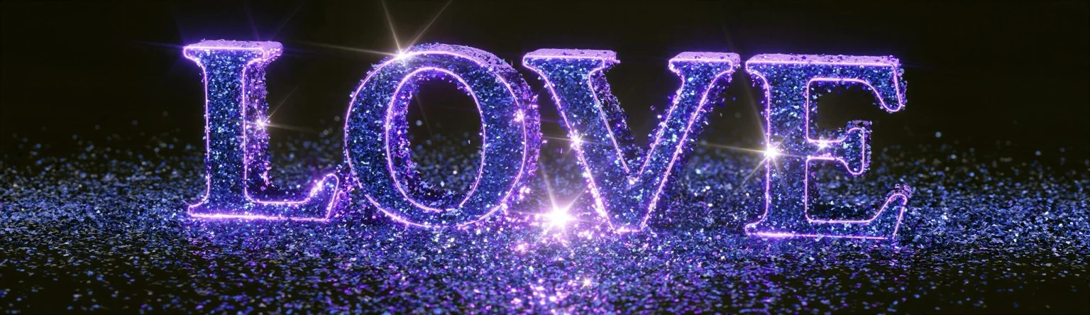 Purple glitter LOVE lettering on a black background