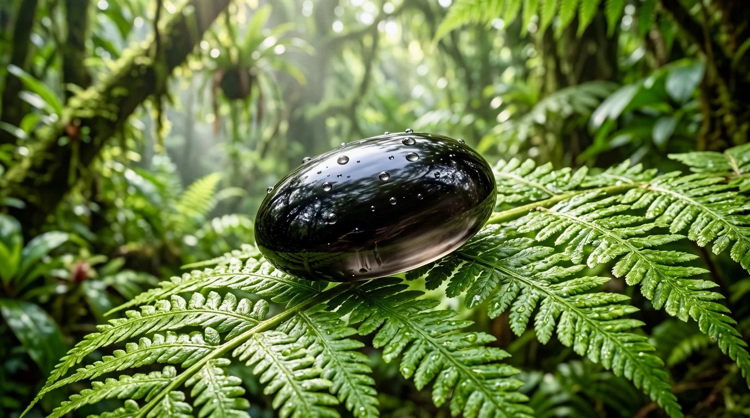 Glossy black oval obsidian gemstone with water droplets resting on a fern leaf in a tropical rainforest