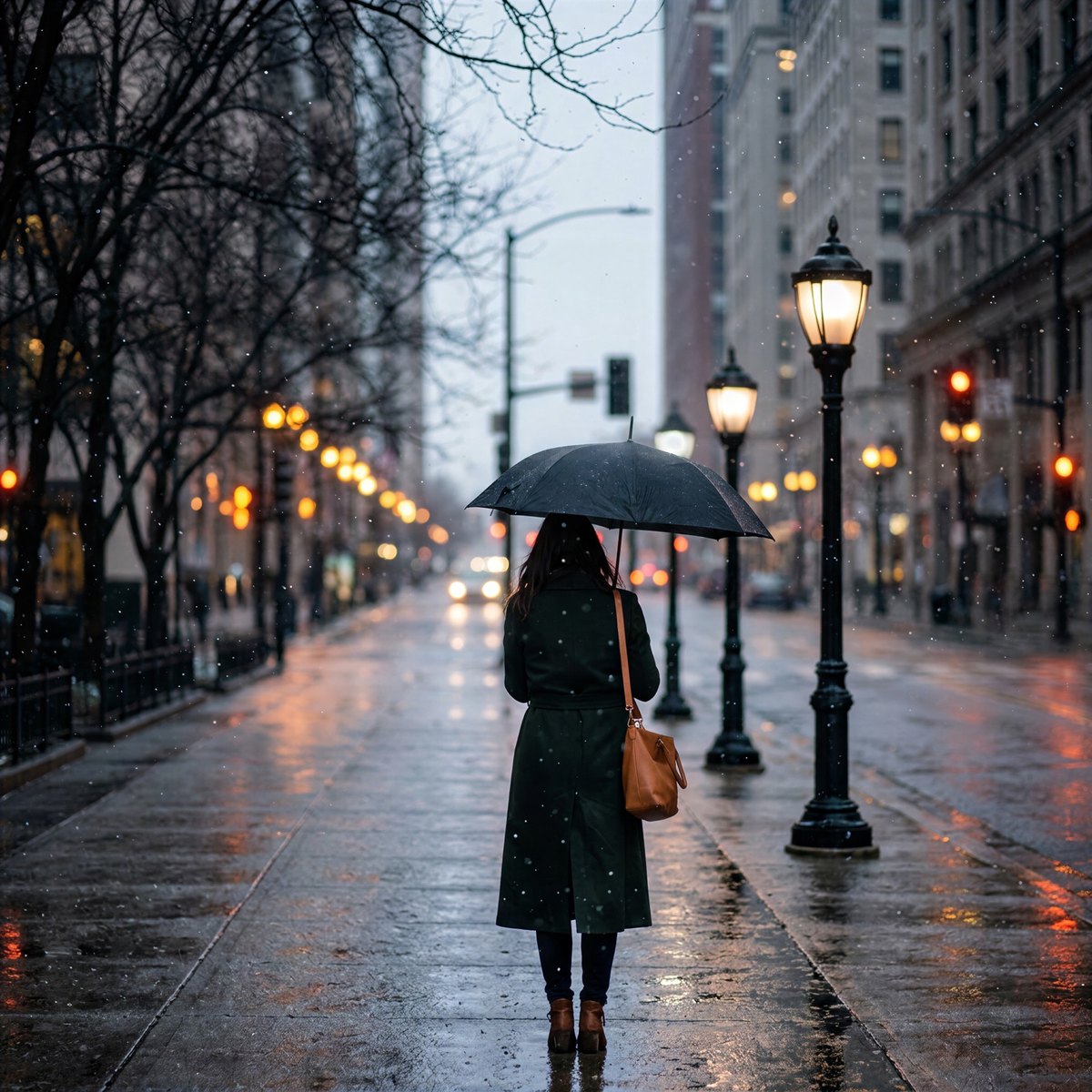 Woman carrying an umbrella along a rainy winter city street with glowing lamps and reflections