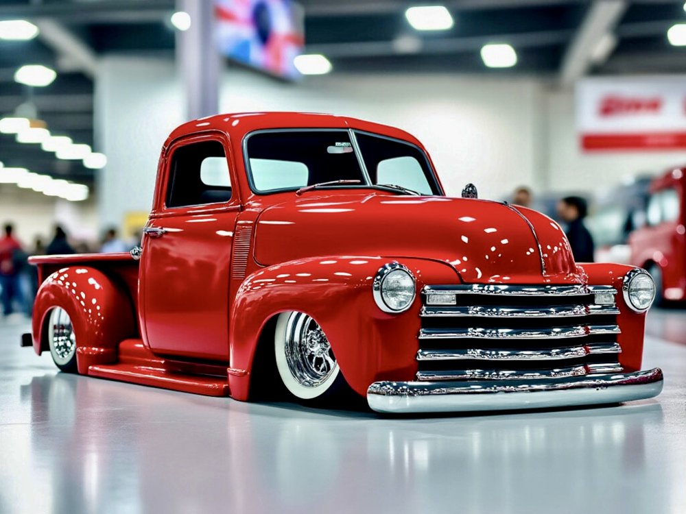 Red vintage lowered pickup truck at a show