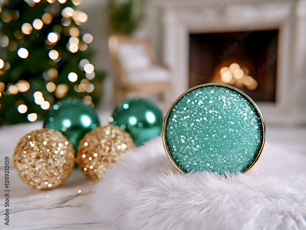 Sparkling turquoise and gold Christmas ornaments on white faux fur near a softly glowing fireplace