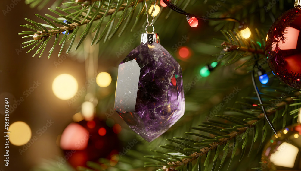 Faceted purple amethyst gemstone ornament hanging on a Christmas tree with colorful twinkling lights