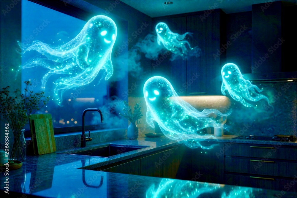 Friendly glowing blue ghosts floating through a modern kitchen at night