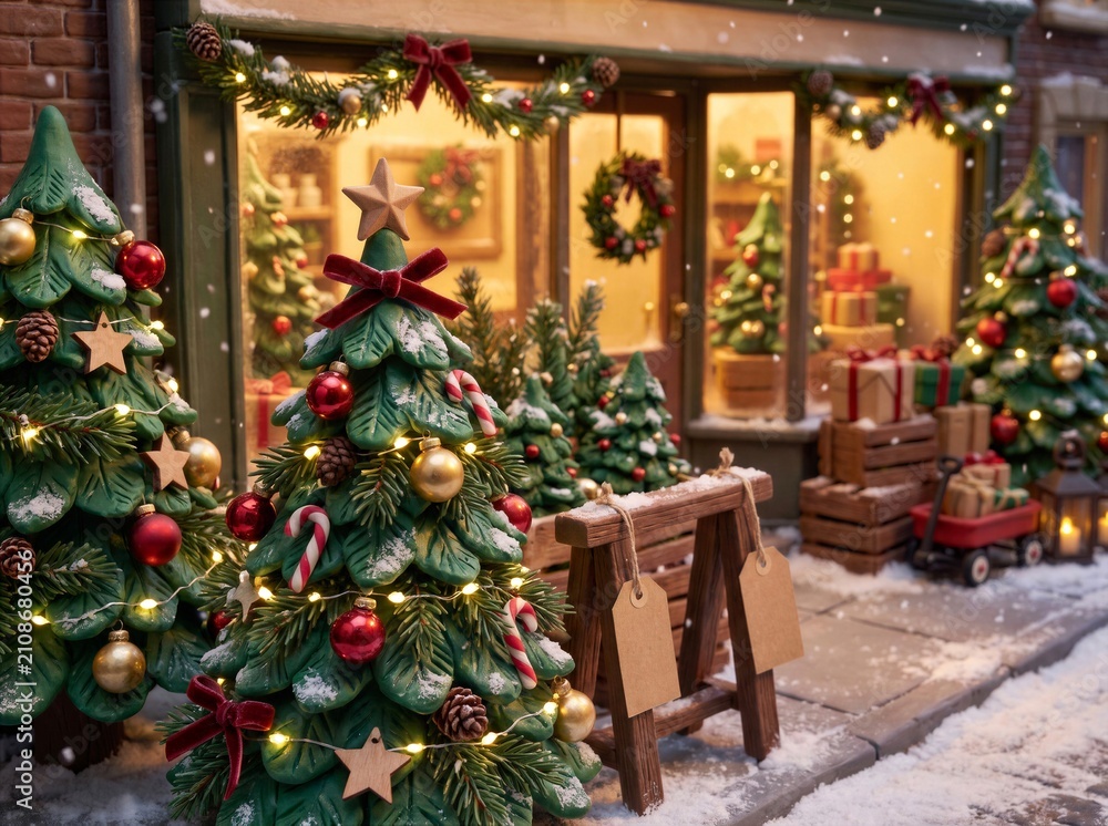Claymation-style Christmas tree market outside a cozy decorated holiday store in the snow