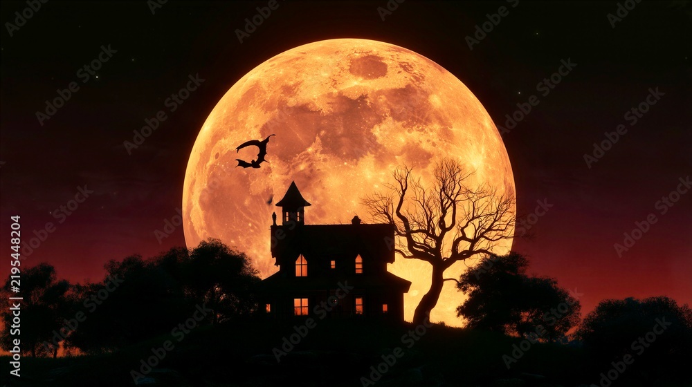 Haunted house silhouette, bare tree, and bat against a giant glowing orange full moon
