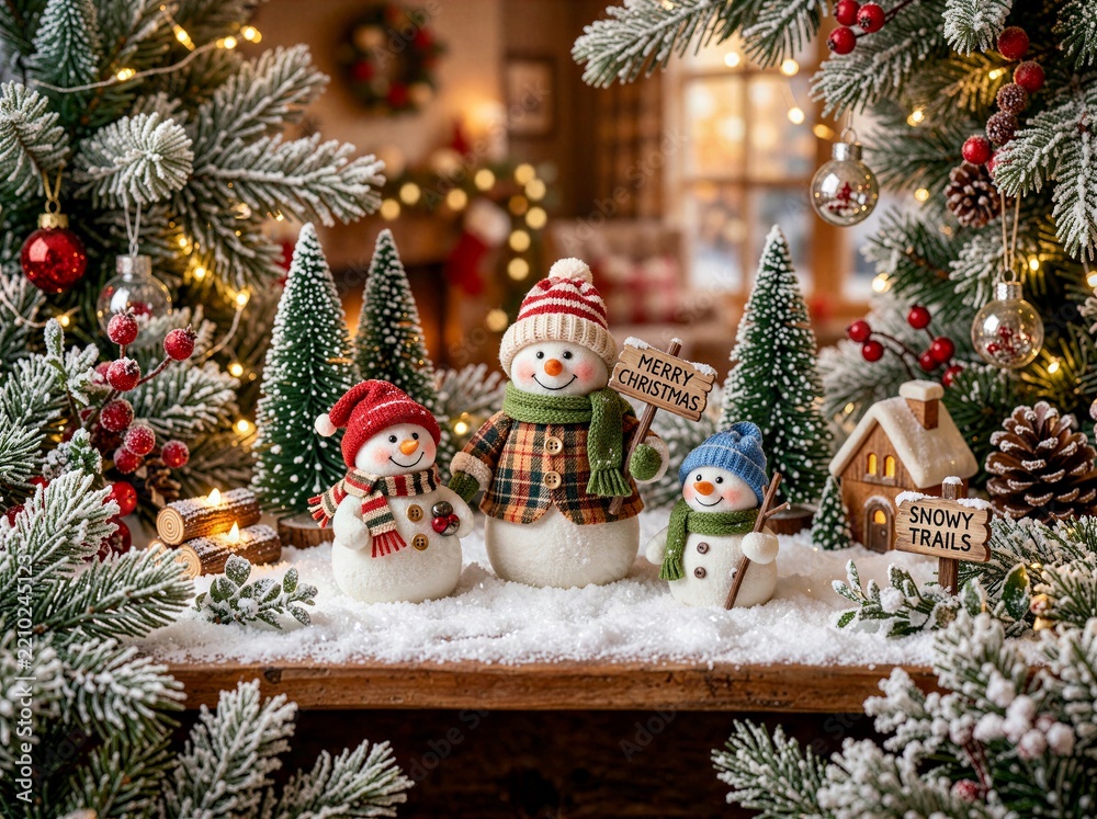 Three snowman decorations with colorful winter hats among frosted evergreens and warm Christmas lights