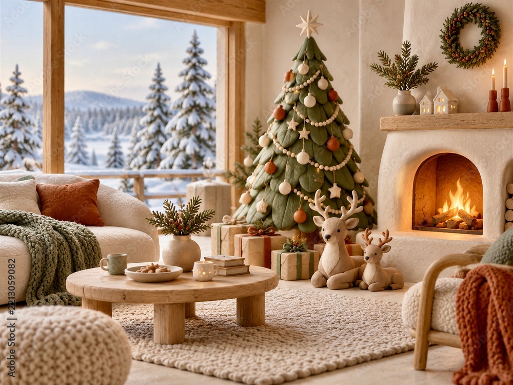 Cozy clay-style Christmas living room with a decorated tree, fireplace, reindeer figures, and snowy mountain view