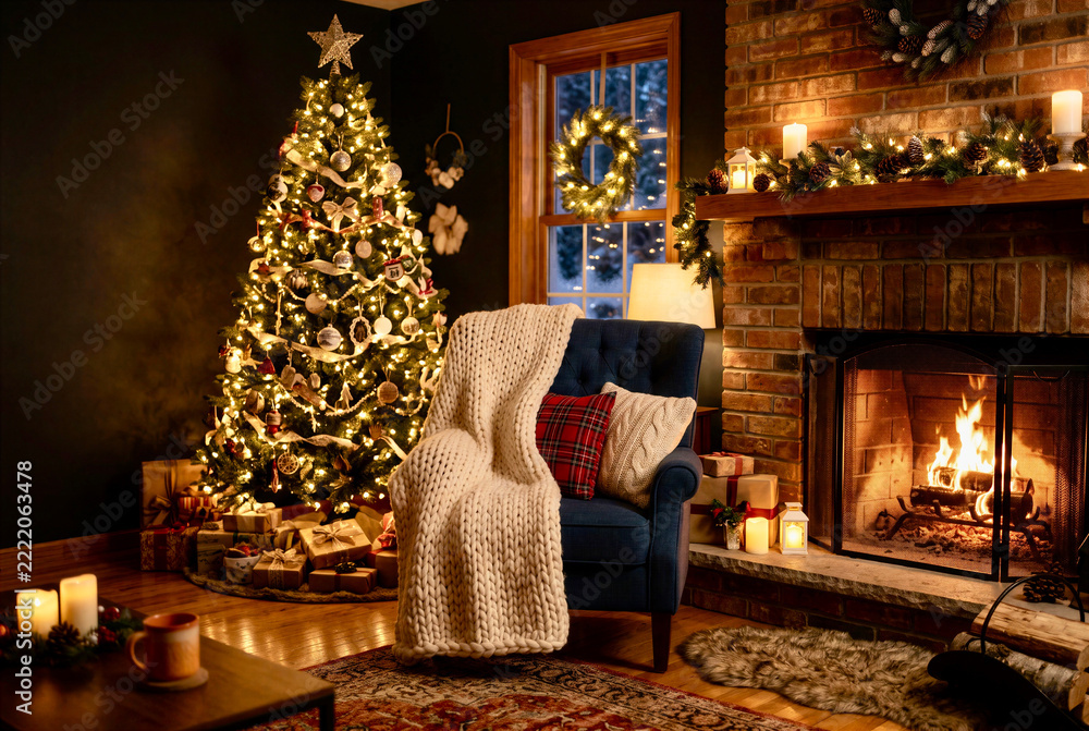 Cozy holiday living room with a glowing Christmas tree, blue armchair, knitted blanket, and brick fireplace