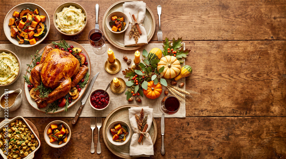 Overhead Thanksgiving dinner with roast turkey, side dishes, pumpkins, and rustic wood copy space