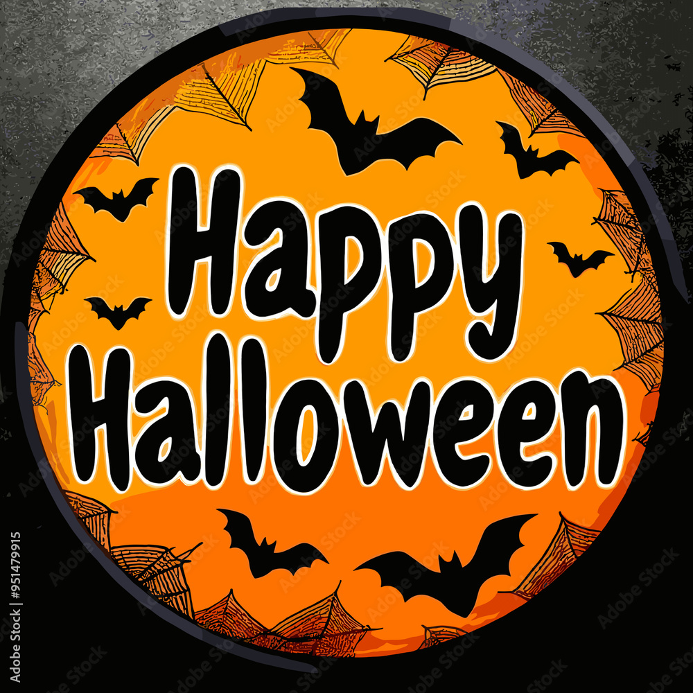 Orange and black Happy Halloween graphic with bats and spiderwebs