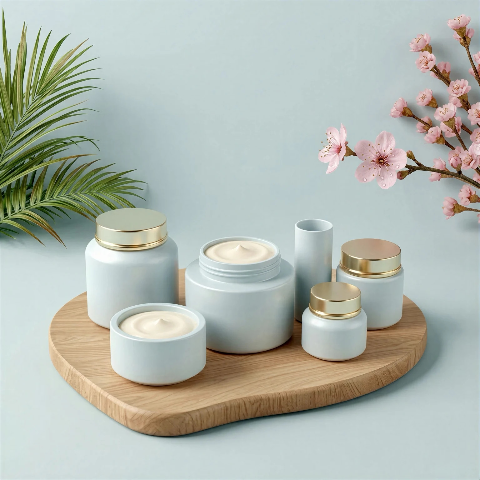 White skincare jars with gold lids on a wooden tray with cherry blossoms and palm leaf