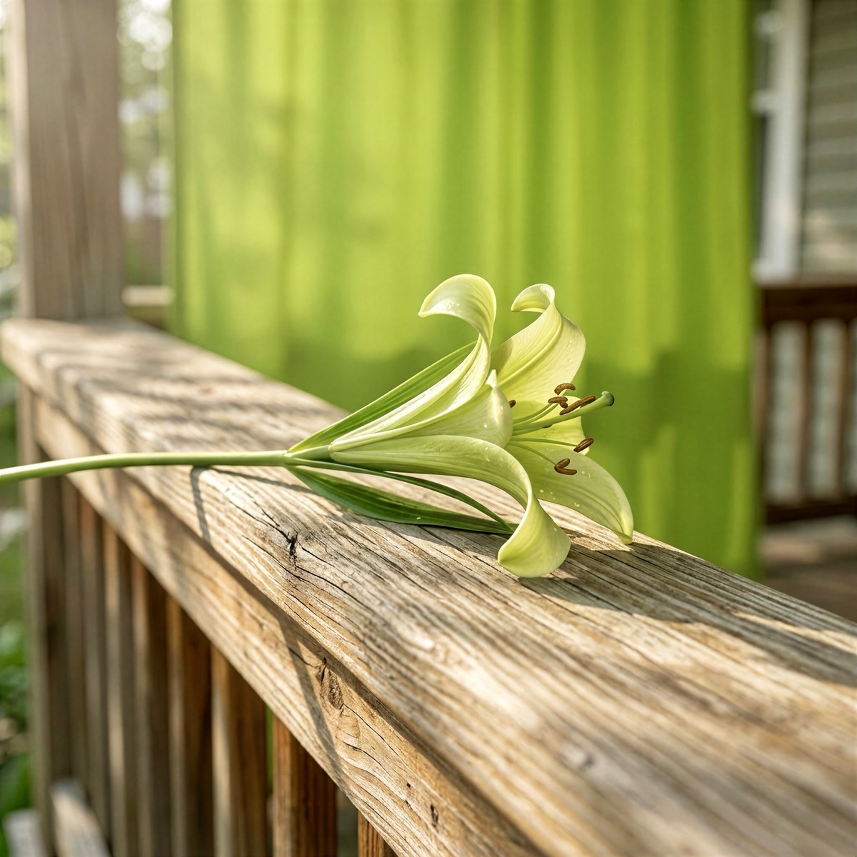 Pale green lily resting on a rustic wooden porch railing in warm sunlight